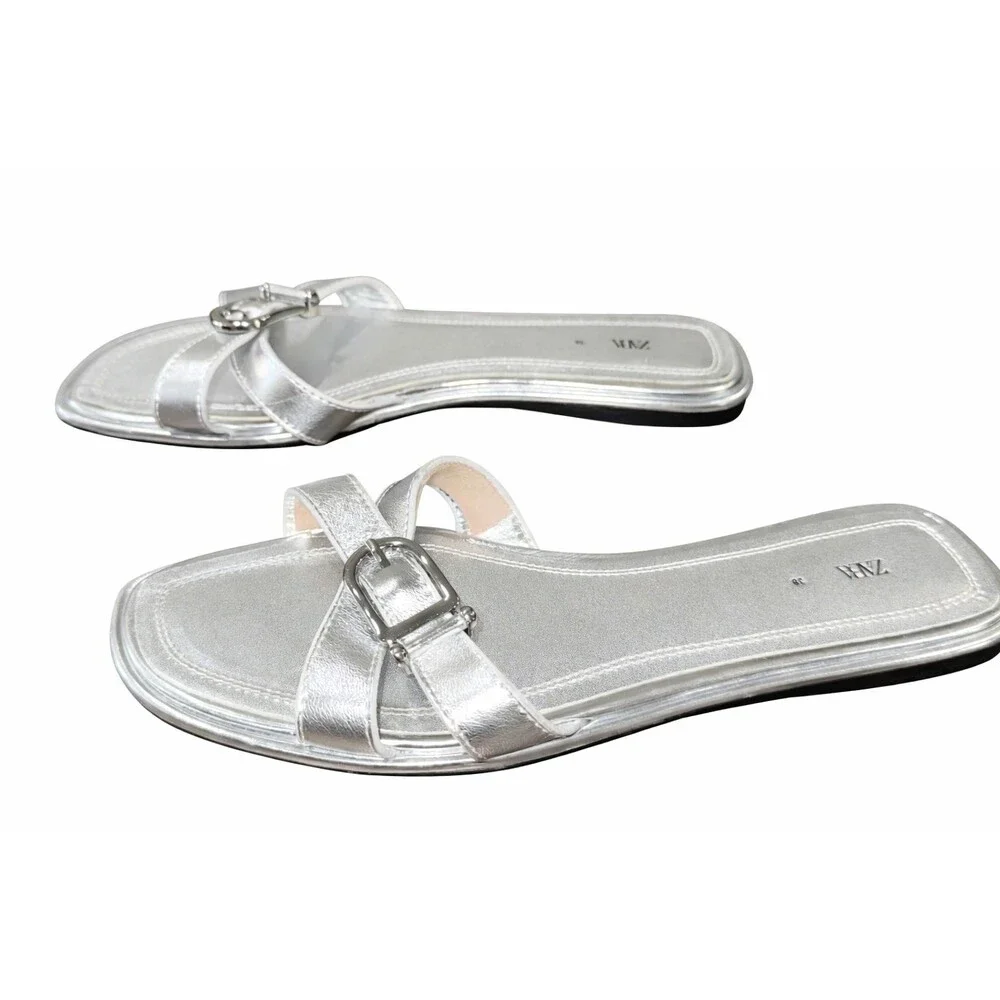 Zara Metallic Silver Strappy Slide Summer Sandals Buckle Open Toe EU38 US7 - Picture 1 of 8